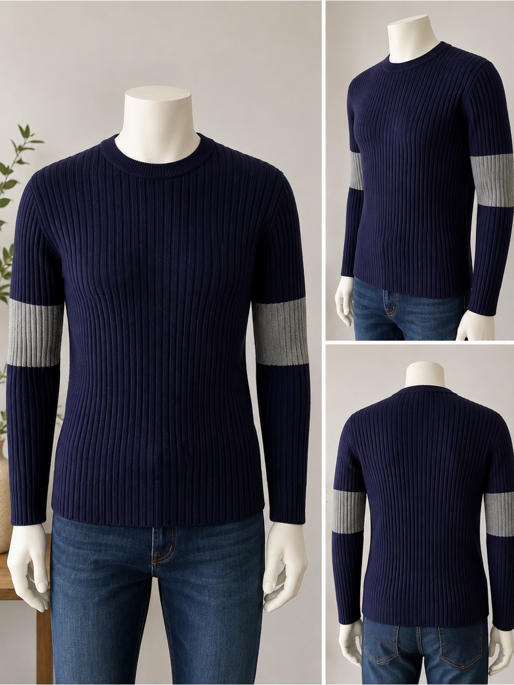 GAP Men’s XXL 100% Cotton Ribbed Crewneck Sweater Navy Gray Stripe NWT